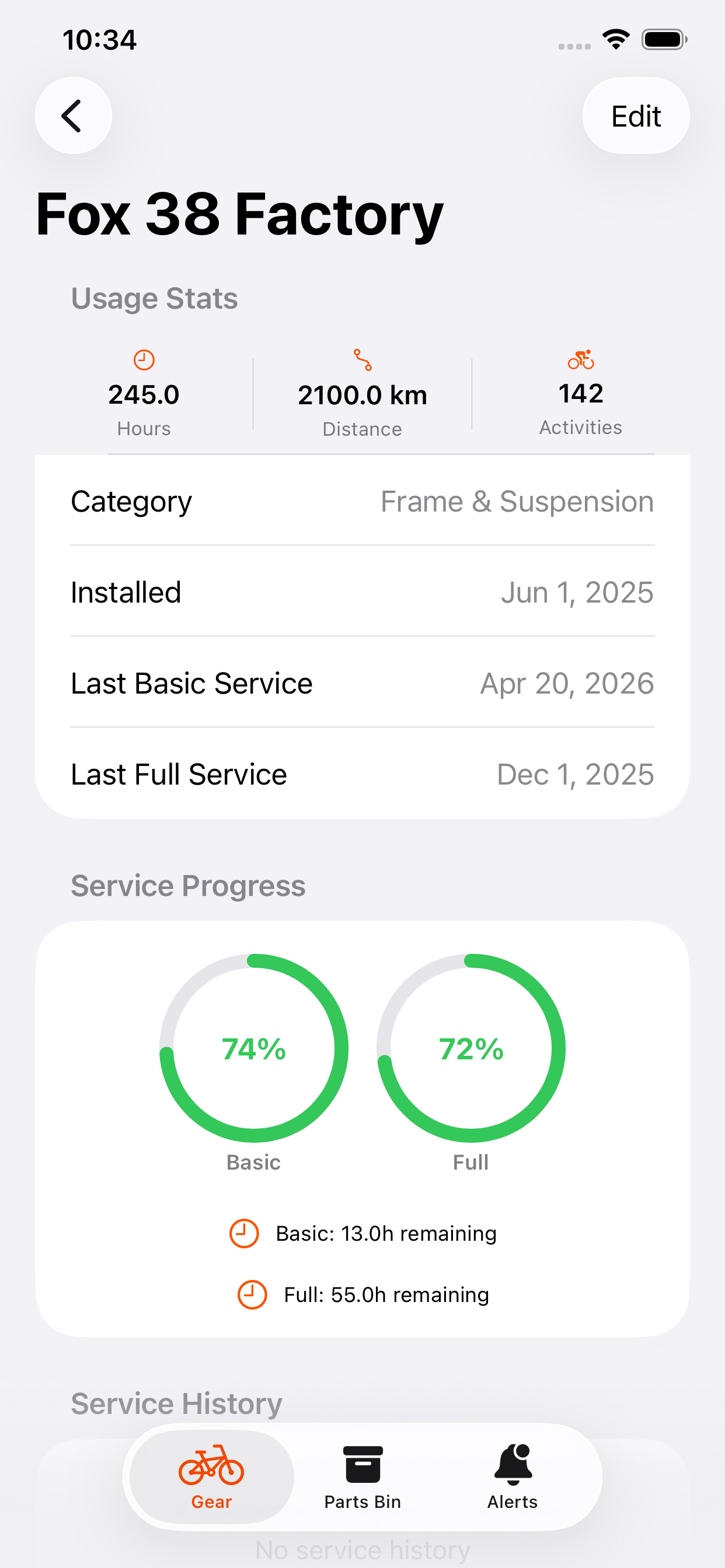 Component detail with service history and wear indicators