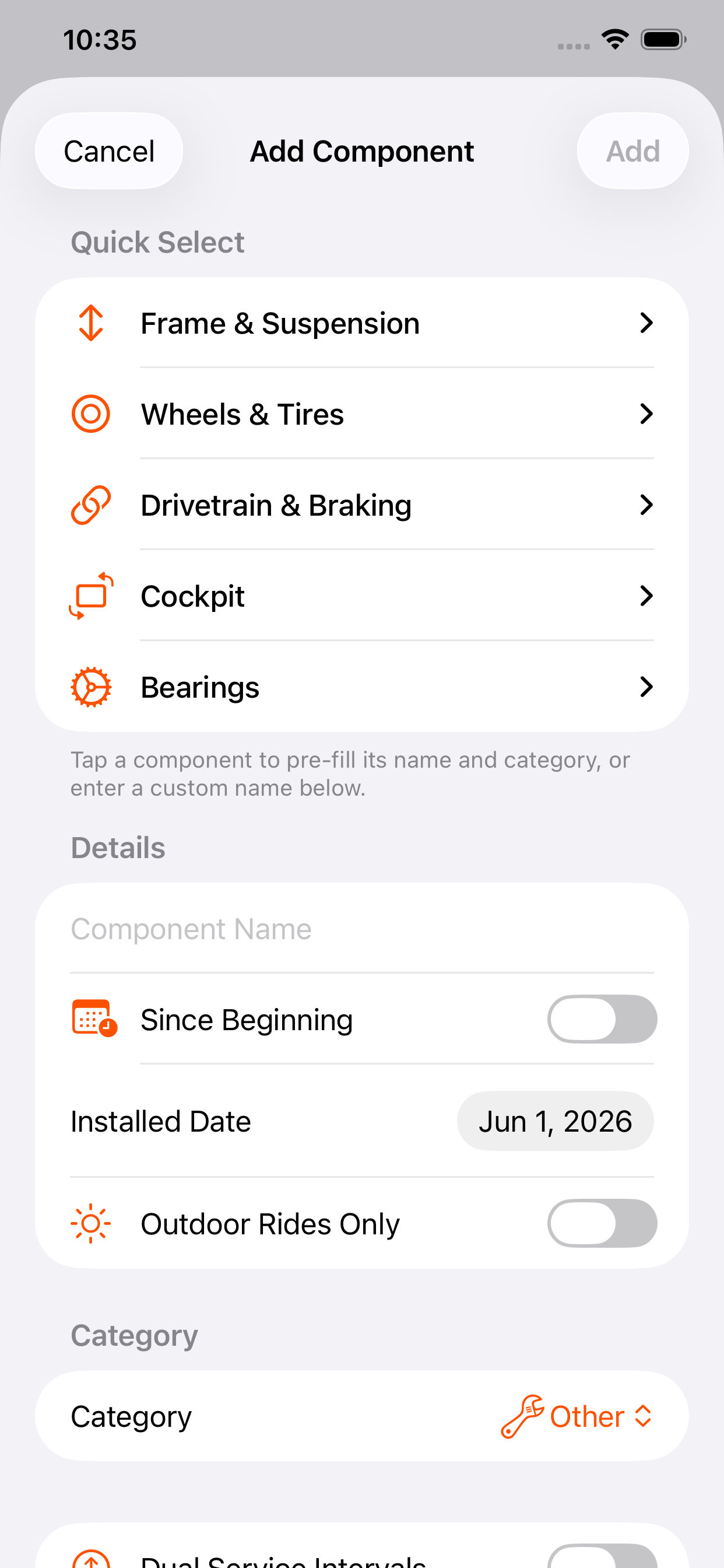 Add component with quick select categories