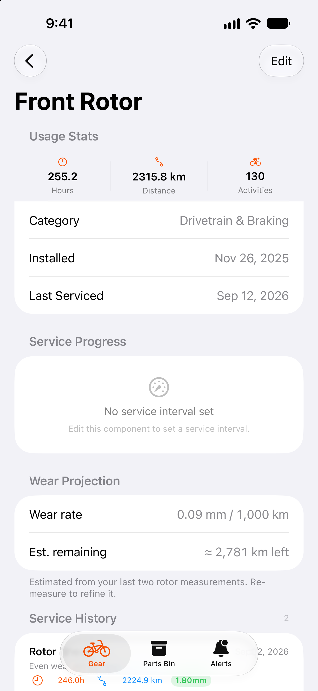 Wear projection showing when a component will hit its service limit