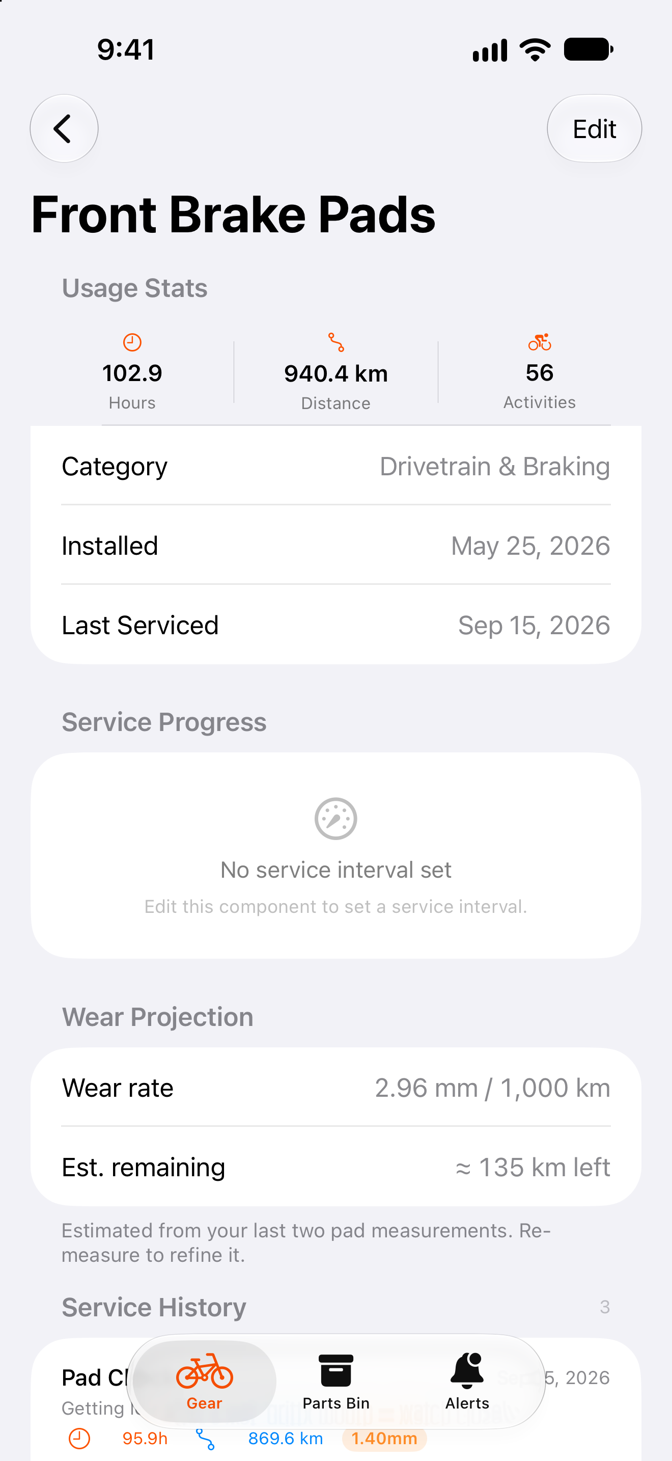 Brake pad detail with thickness measurements and wear progression