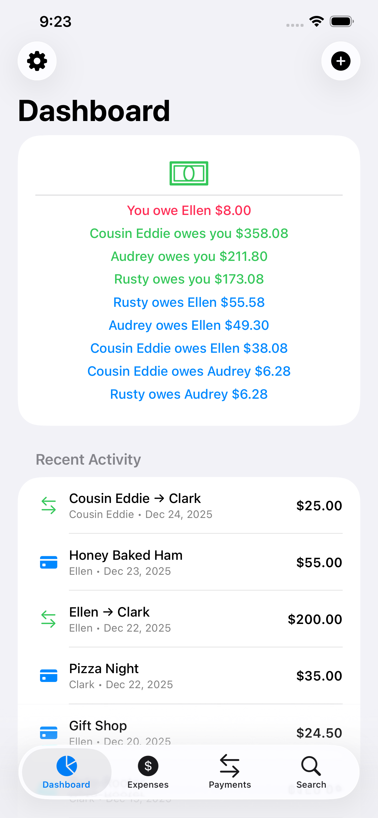 Dashboard with balances and recent activity