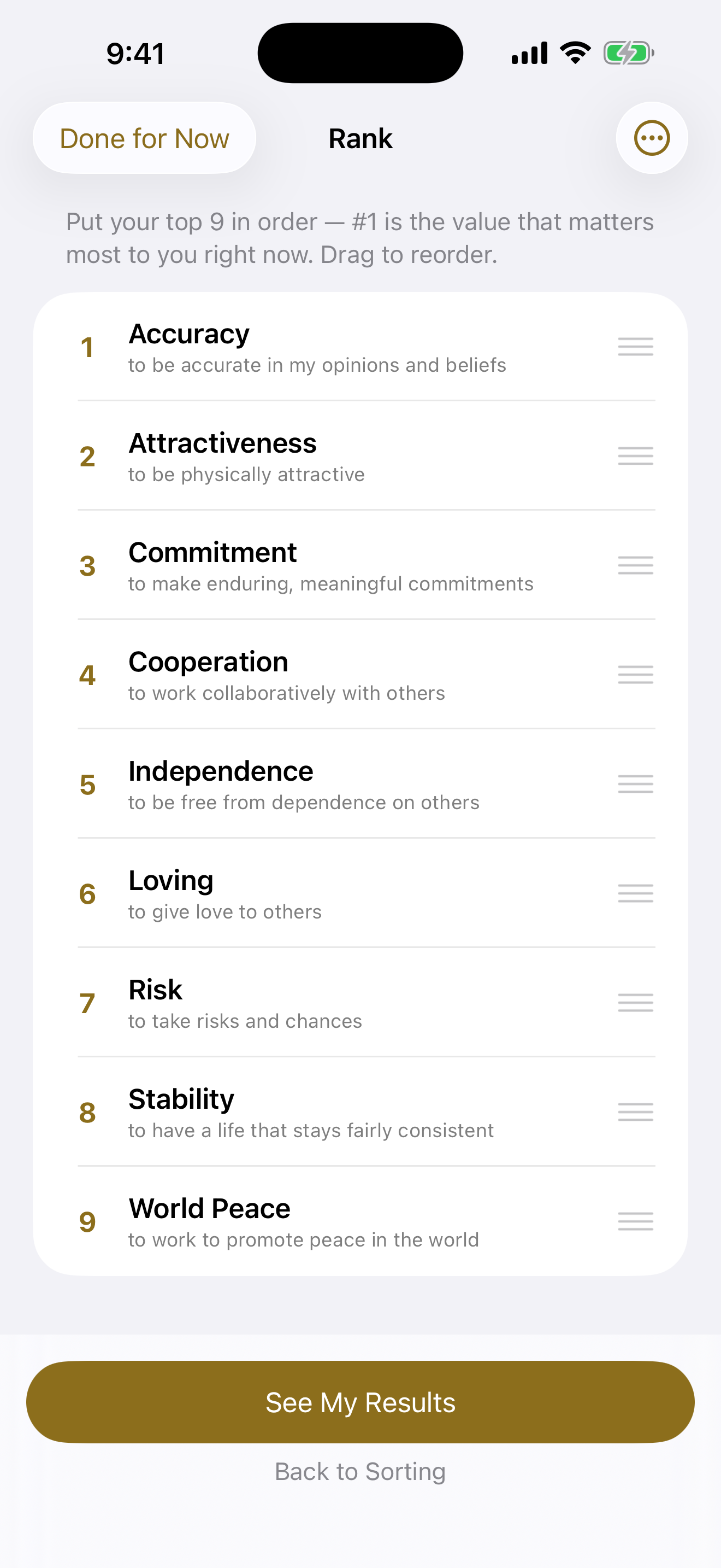 Ranking the top ten values